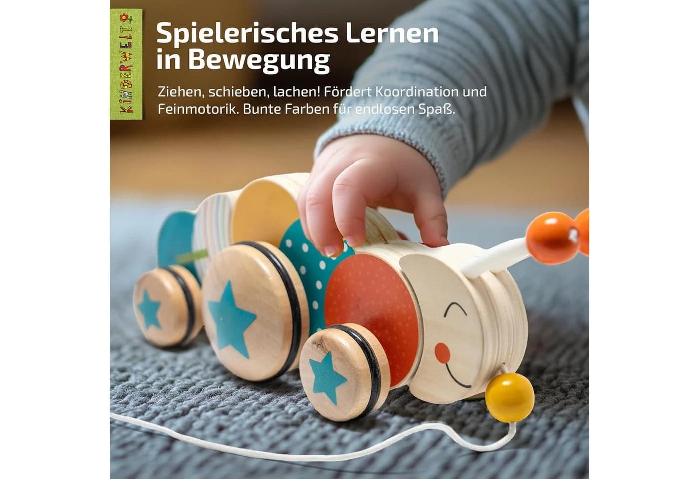 KiNDERWELT Stoffpuppe Nachziehspielzeug Raupe aus Holz Bunt - Bild 3