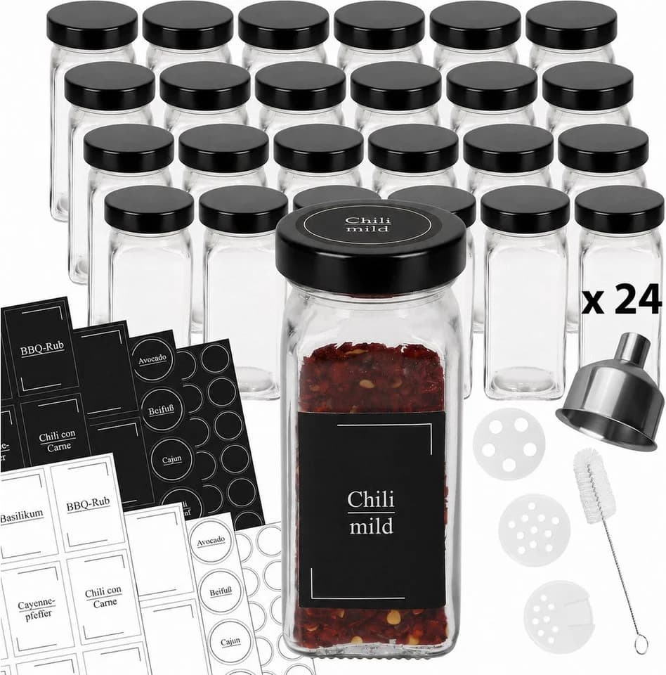 VonBueren Gewürzglas-Set 24-tlg. Schwarz Transparent mit Edelstahldeckel - Bild 2