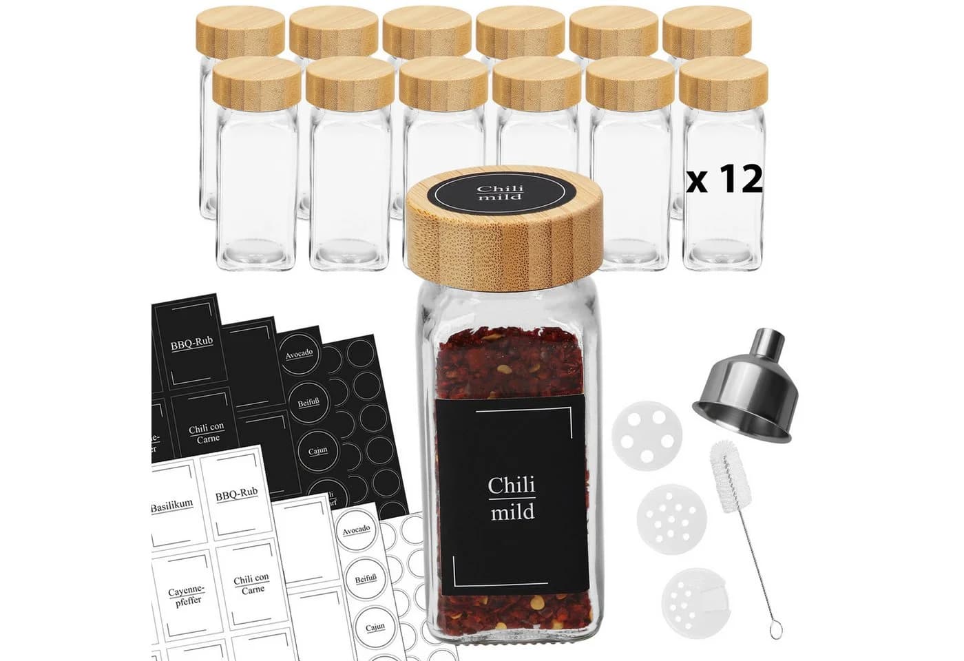 VonBueren Gewürzglas-Set 12-tlg. mit Bambusdeckel & Streueinsatz - Bild 2