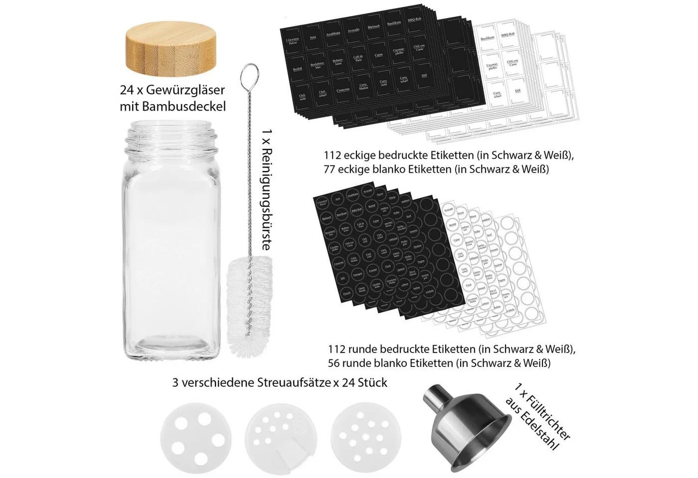 VonBueren Gewürzglas-Set 24-tlg. Bambusdeckel mit Streueinsatz
