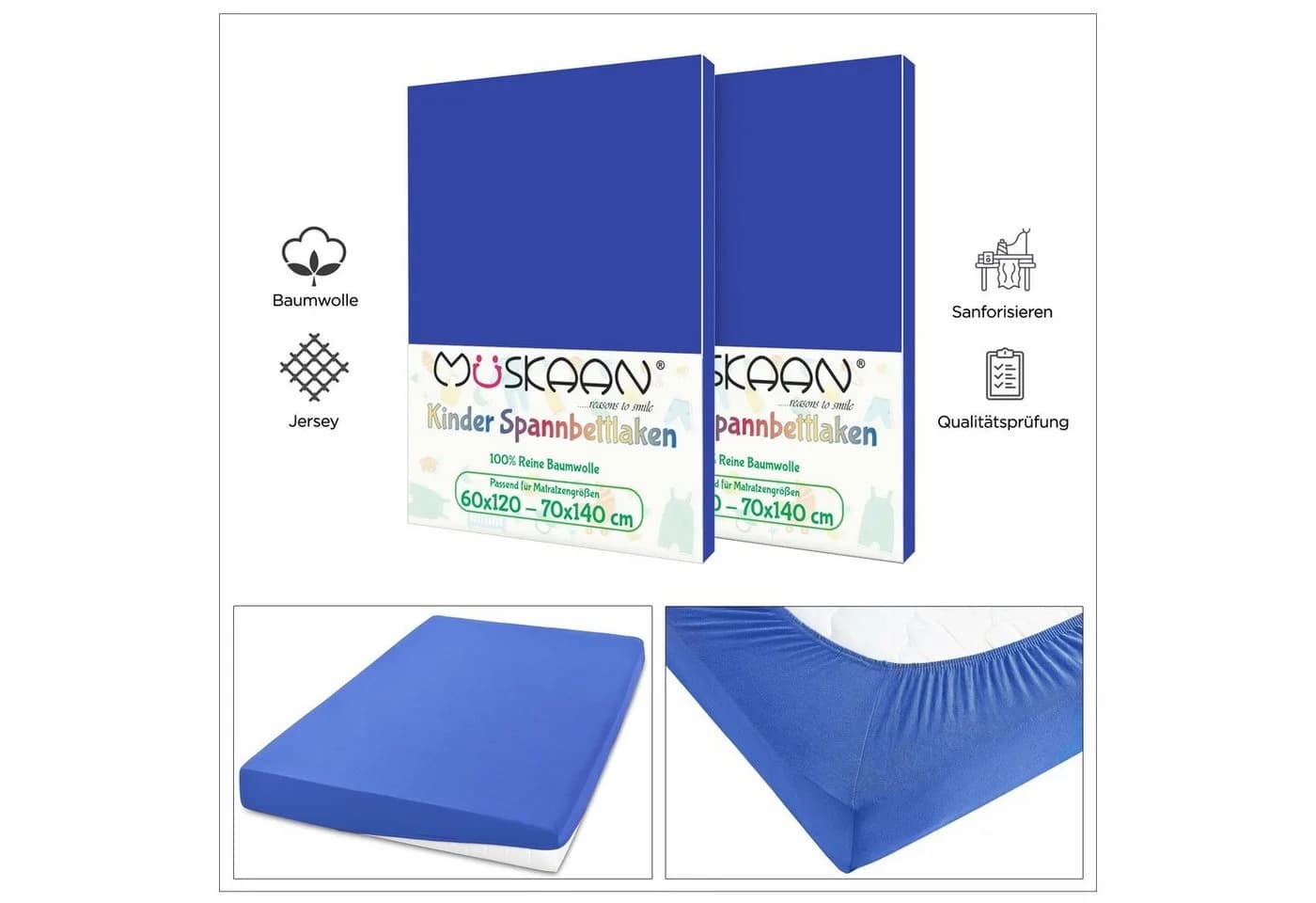 TRENDBUY24 Spannbettlaken Kinder Jersey Baumwolle Blau