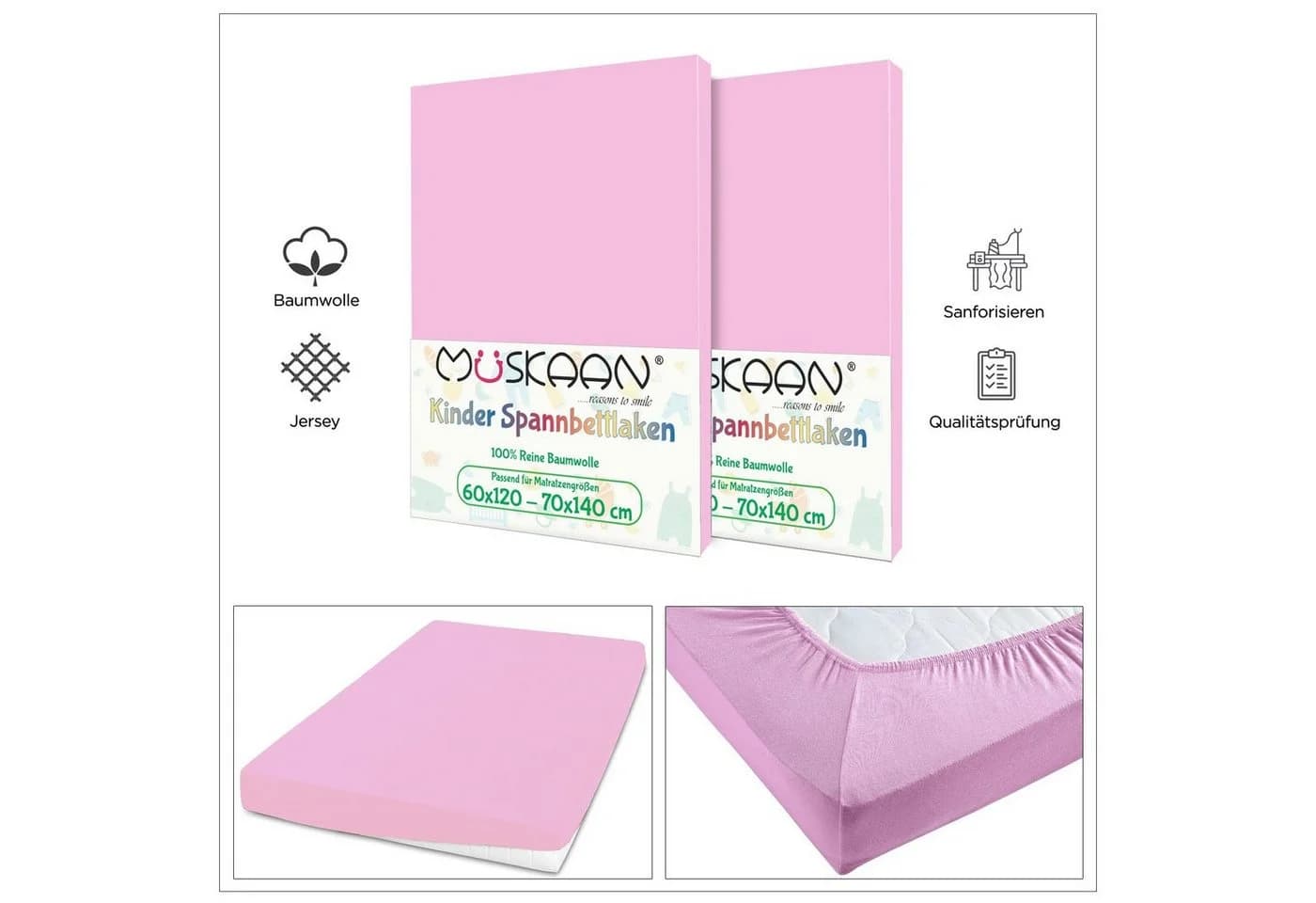 TRENDBUY24 Spannbettlaken Kinder Rosa Jersey