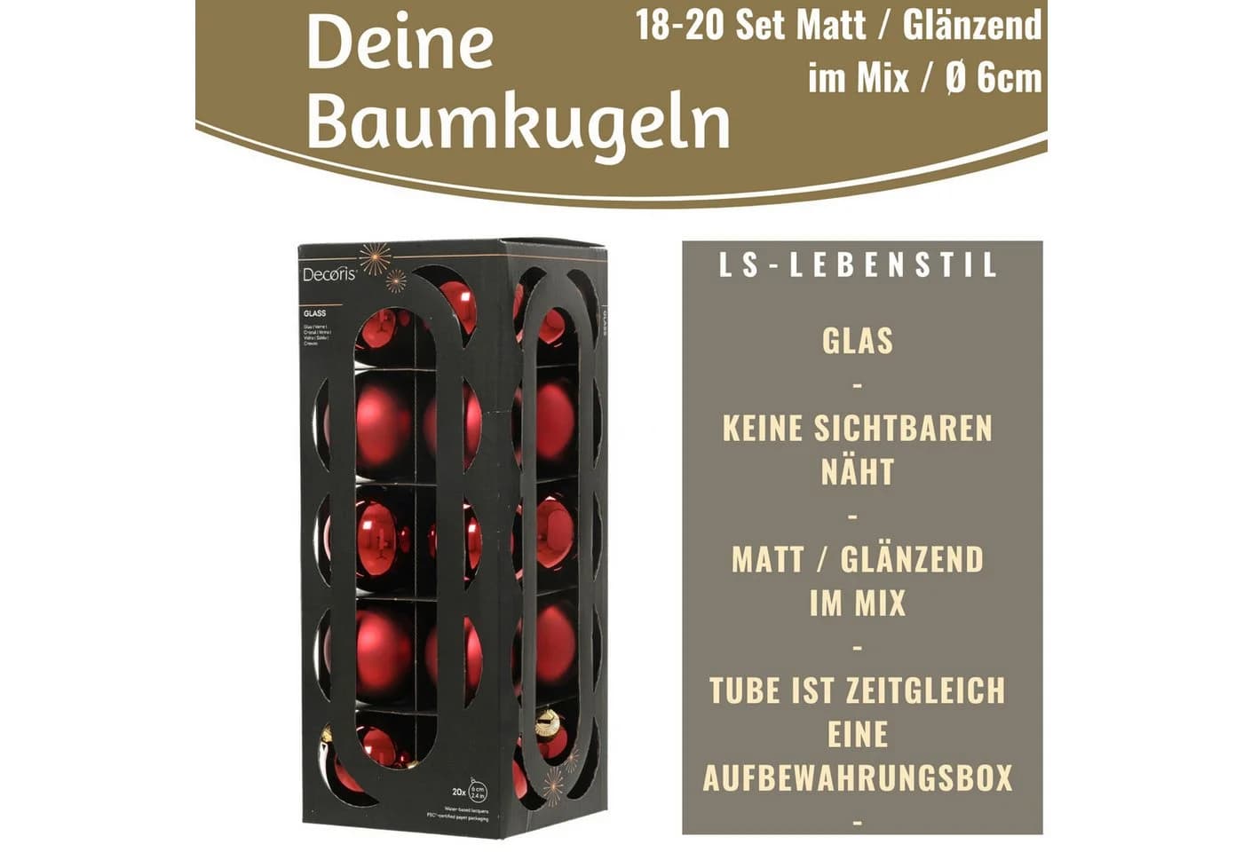 LS-LebenStil Weihnachtsbaumkugel 18-20er Set Glas Rot Ochsenblut 6cm