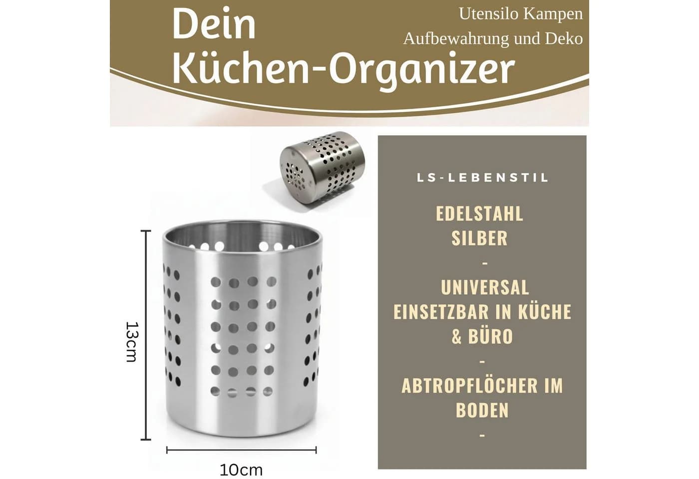 LS-LebenStil Besteckhalter Edelstahl Silber mit Abtropffunktion