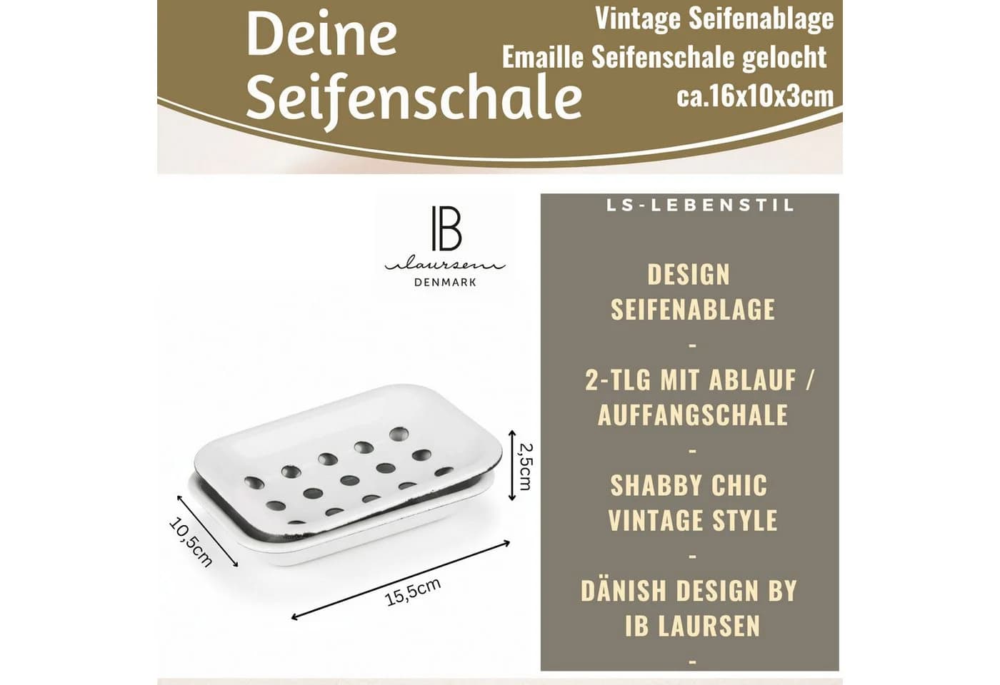 LS-LebenStil Seifenschale Emaille 2-tlg. Weiß Vintage