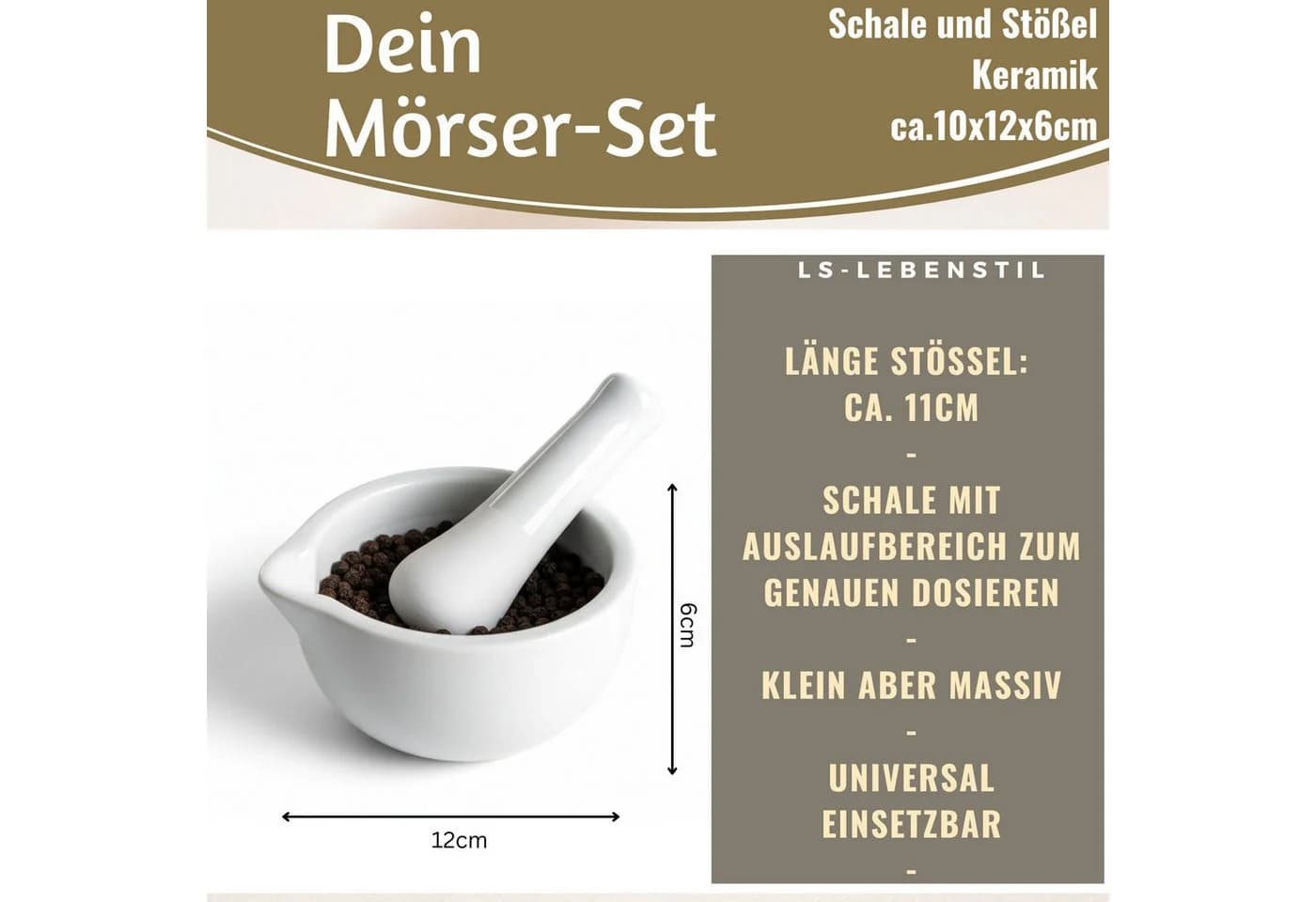 LS-LebenStil Keramik Mörser mit Stößel Set Weiß