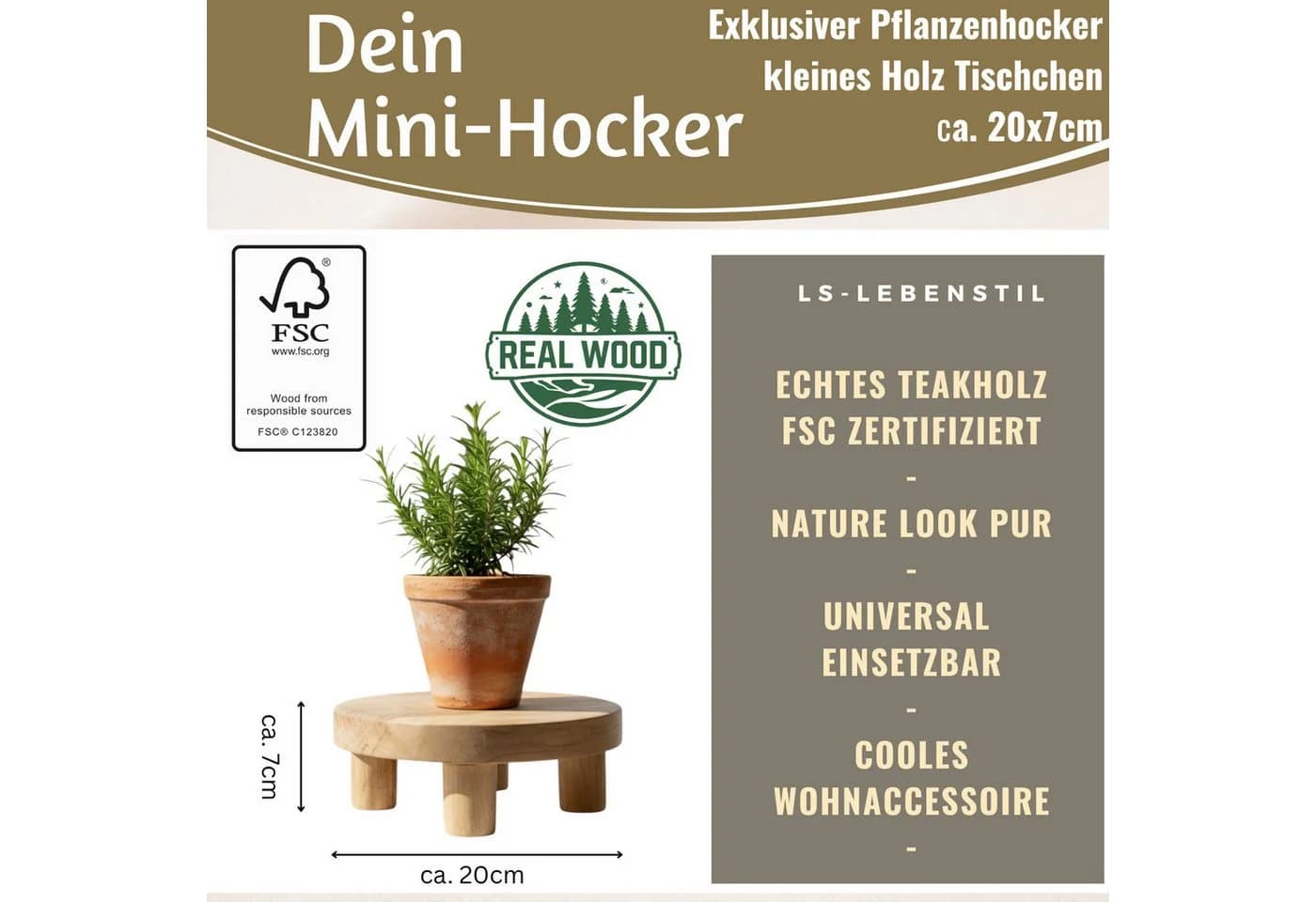 LS-LebenStil Blumenständer Teak Rund 20x7cm