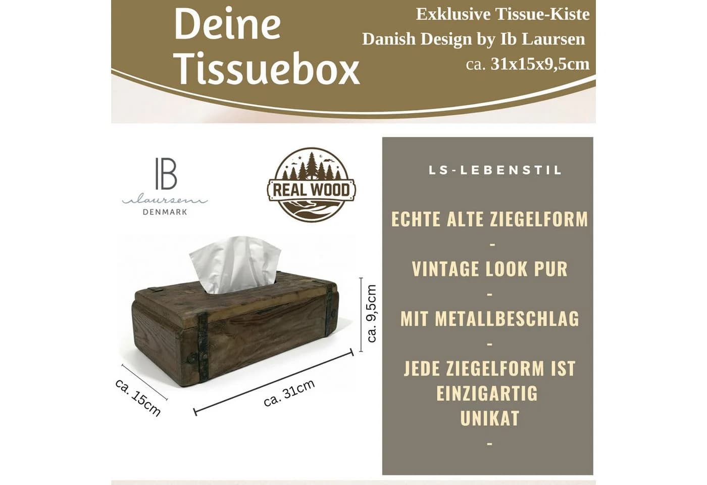 LS-LebenStil Aufbewahrungsbox Tissue-Box Holz 31cm Braun Ziegelform Kosmetiktuch-Spender