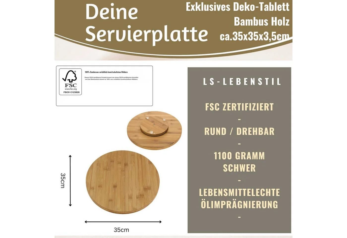 LS-LebenStil Bambus Servierteller 35cm Braun Drehbar