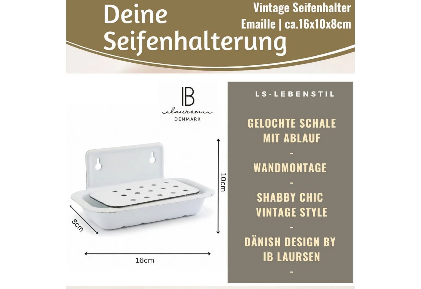LS-LebenStil Seifenschale Emaille Weiß Wandmontage Vintage