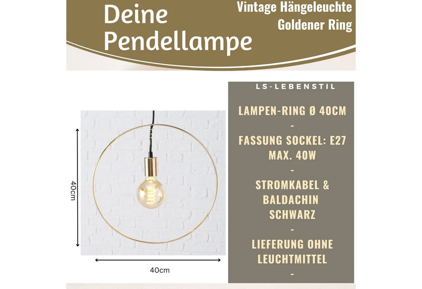 LS-LebenStil Pendelleuchte Ring Gold 40cm E27 Vintage