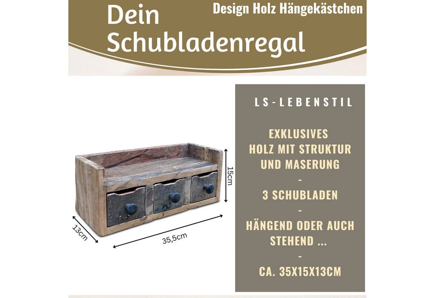 LS-LebenStil Küchenregal Vintage 3 Schubladen Wandboard Braun