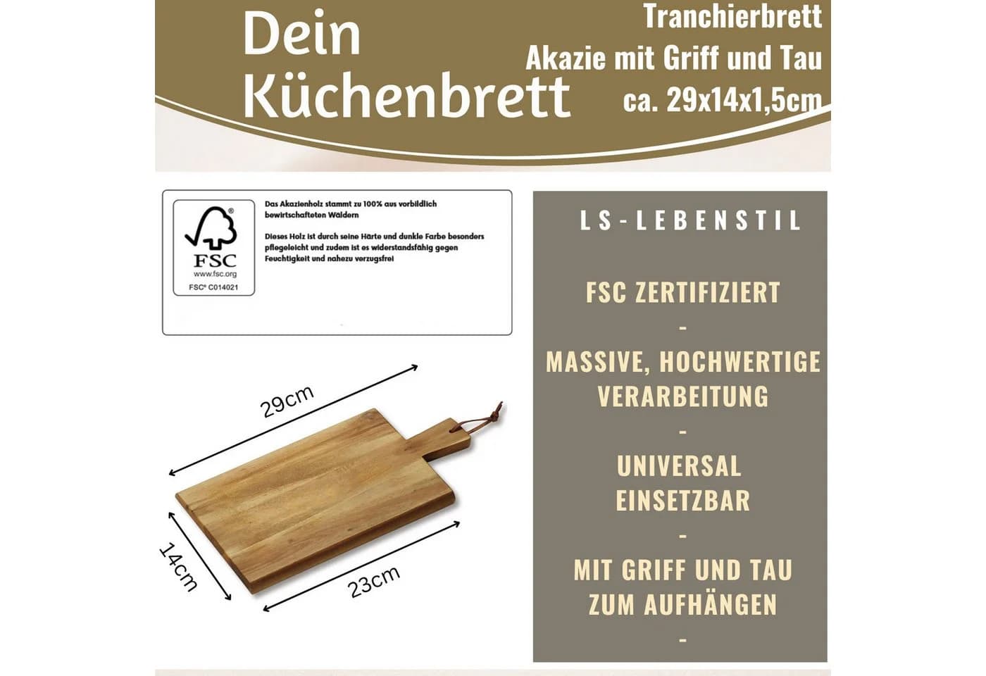 LS-LebenStil Schneidebrett mit Griff Akazie Braun