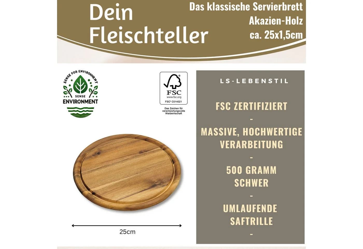LS-LebenStil Servierbrett Holz Akazie Rund 25cm mit Saftrille