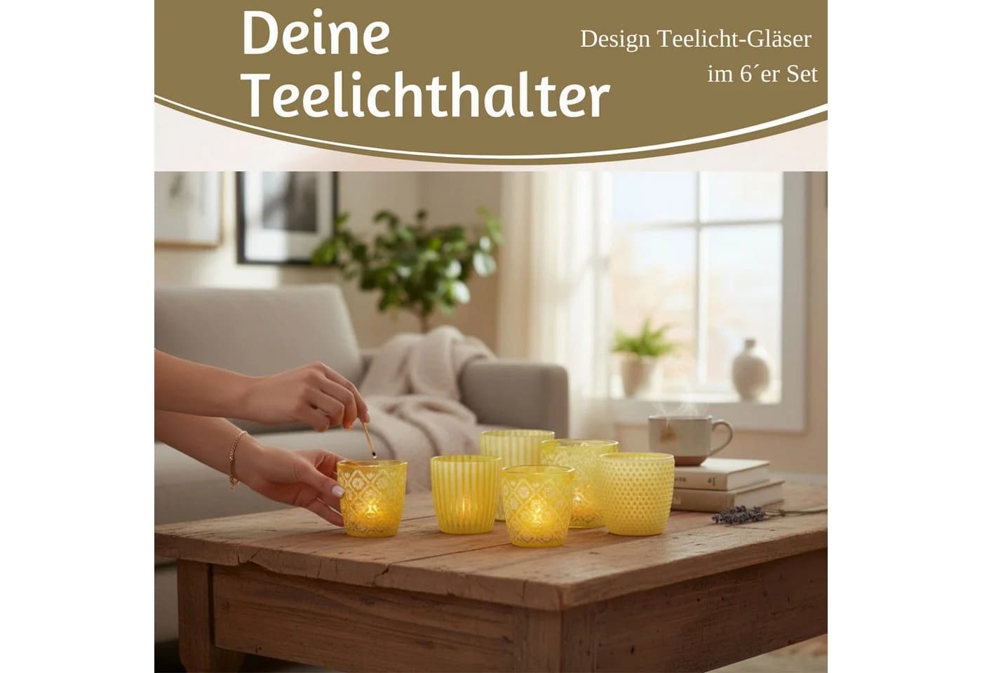 LS-LebenStil Teelichthalter 6er Set Glas Retro Gelb Weiß Kristall Ornament