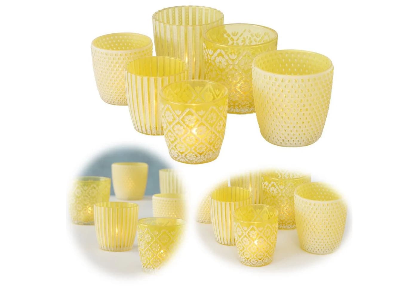 LS-LebenStil Teelichthalter 6er Set Glas Retro Gelb Weiß Kristall Ornament - Bild 2