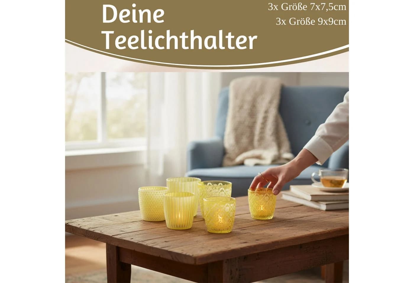 LS-LebenStil Teelichthalter 6er Set Glas Retro Gelb Weiß Kristall Ornament - Bild 4