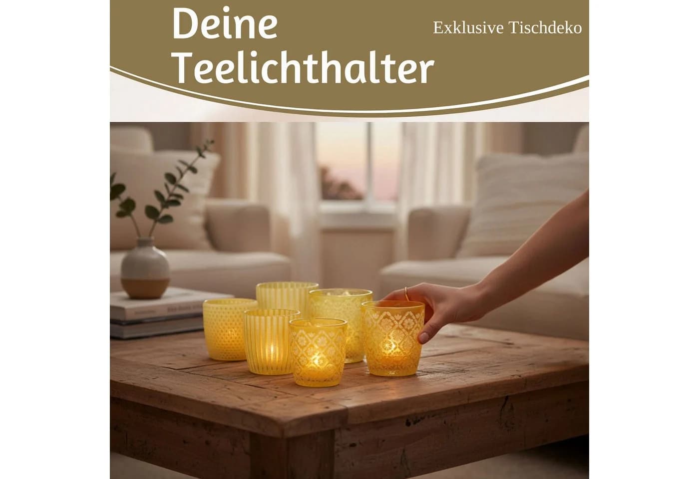 LS-LebenStil Teelichthalter 6er Set Glas Retro Gelb Weiß Kristall Ornament - Bild 5