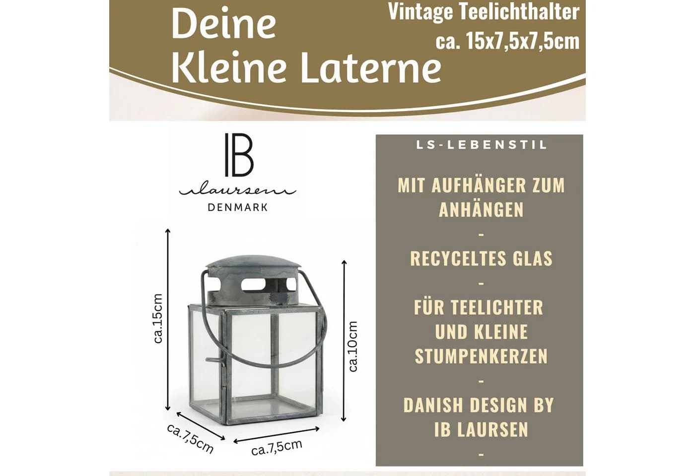 LS-LebenStil Vintage Teelichthalter Grau Metall Glas