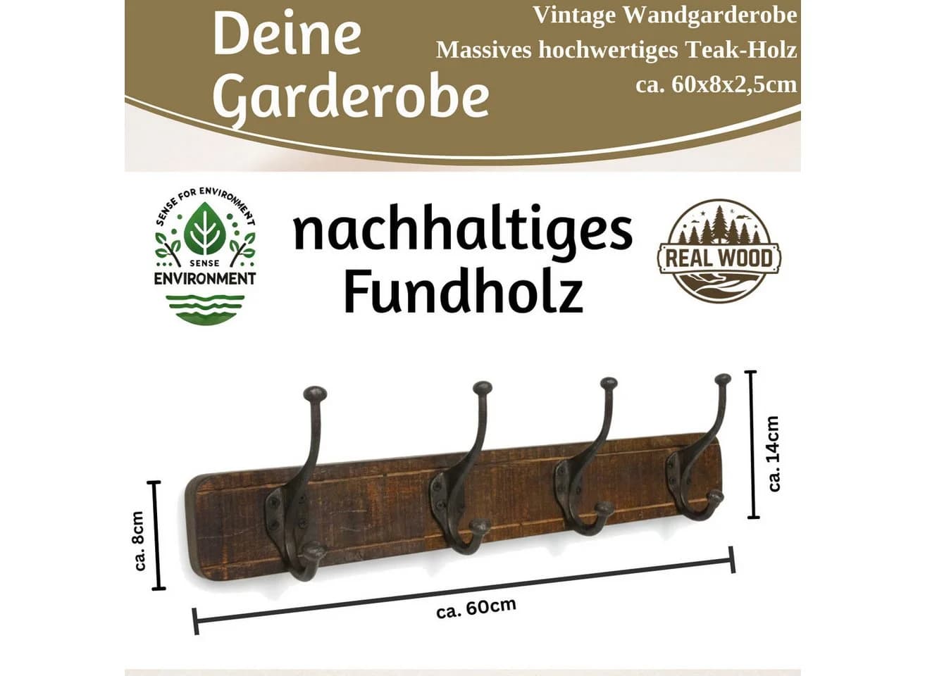 LS-LebenStil Wandgarderobe Teak Holz 60cm 4/8 Haken Braun