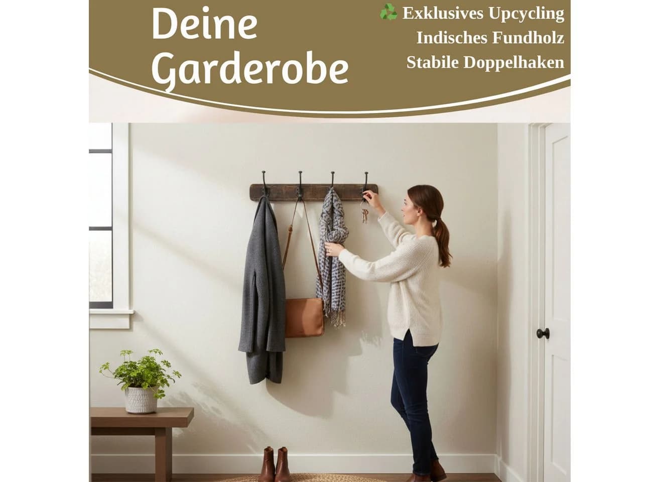 LS-LebenStil Wandgarderobe Teak Holz 60cm 4/8 Haken Braun - Bild 3