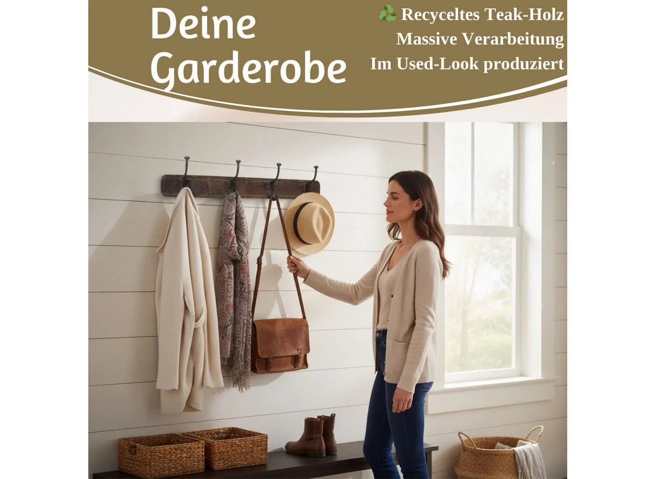 LS-LebenStil Wandgarderobe Teak Holz 60cm 4/8 Haken Braun - Bild 4
