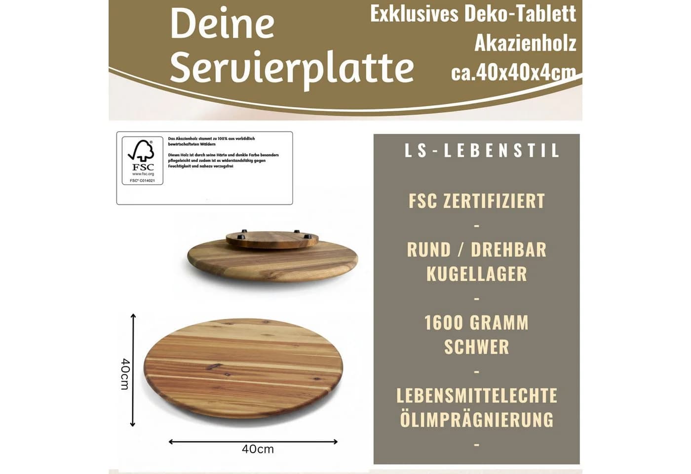LS-LebenStil Servierplatte Holz Drehbar 40cm Akazie Braun