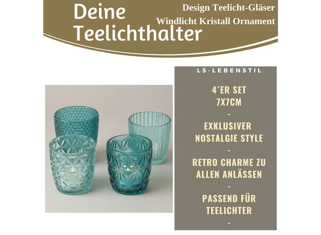 LS-LebenStil Teelichthalter 4er Set Kristall Ornament Türkis Glas - Bild 1