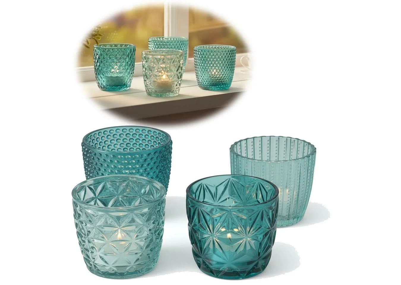 LS-LebenStil Teelichthalter 4er Set Kristall Ornament Türkis Glas - Bild 2