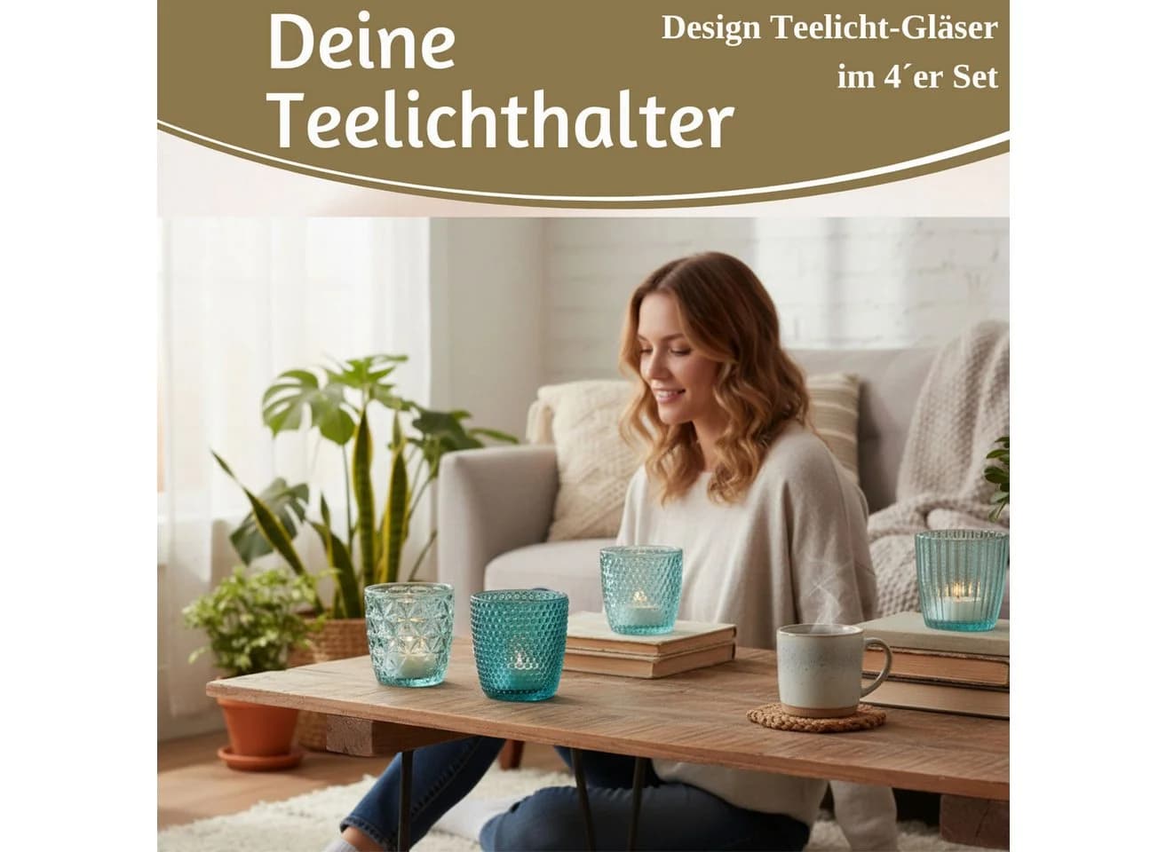 LS-LebenStil Teelichthalter 4er Set Kristall Ornament Türkis Glas - Bild 3