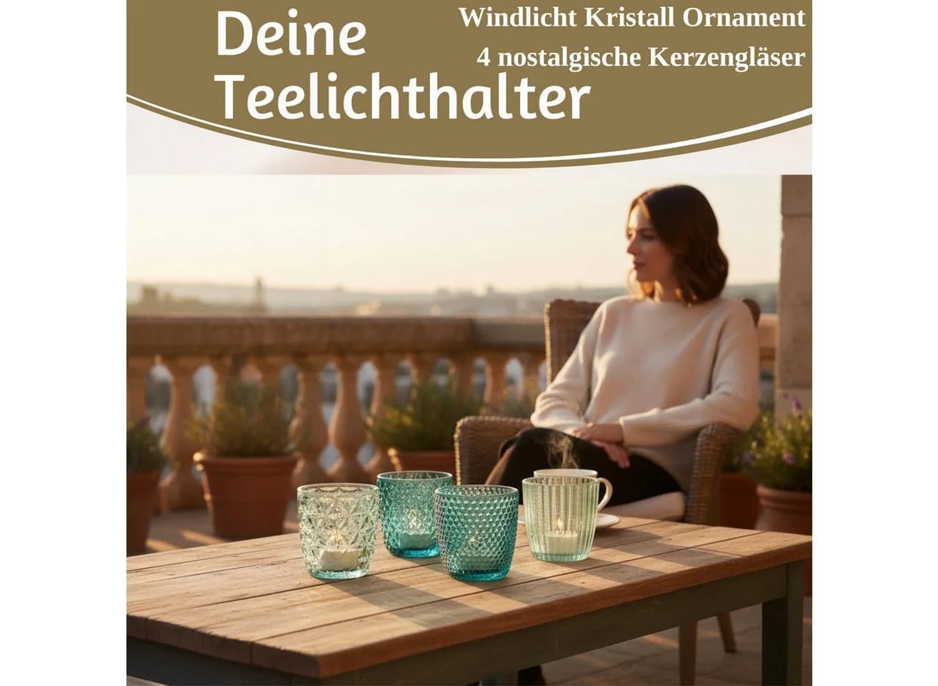 LS-LebenStil Teelichthalter 4er Set Kristall Ornament Türkis Glas - Bild 4