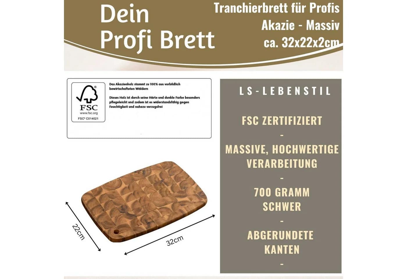 LS-LebenStil Schneidebrett Akazie massiv 32cm Braun