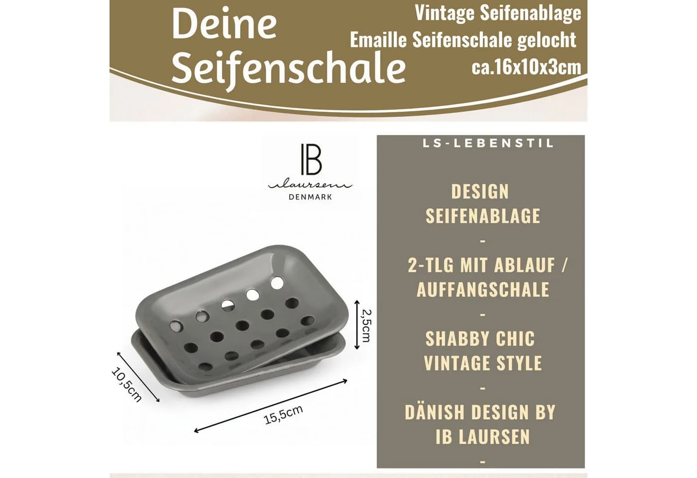 LS-LebenStil Seifenschale Emaille Grau 2-tlg. mit Ablauf