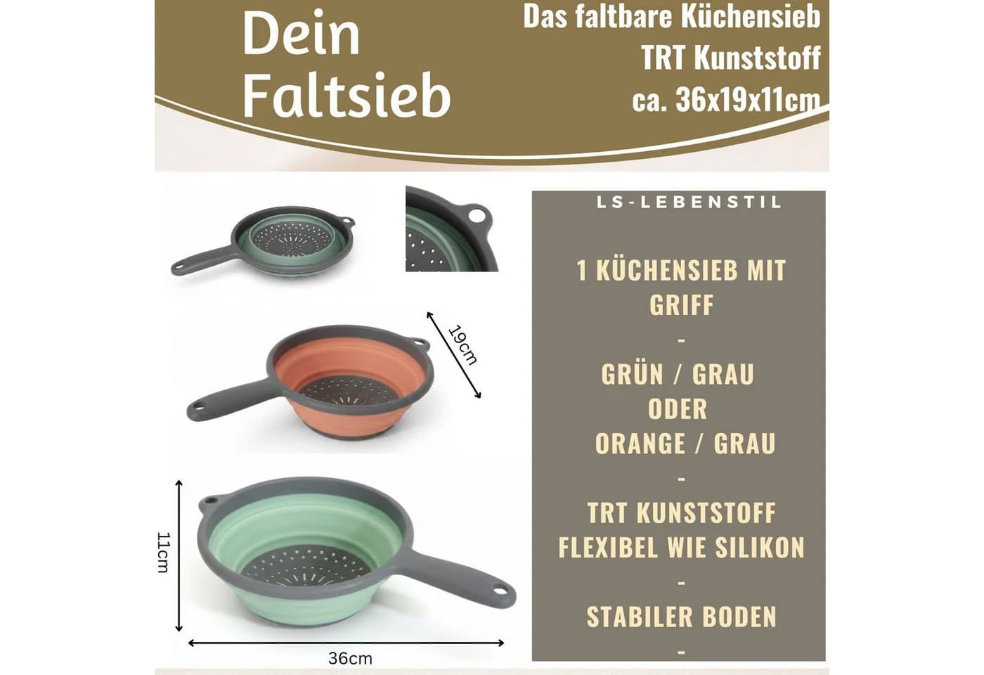 LS-LebenStil Faltbares Küchensieb Grau Flexibles Sieb mit Griff