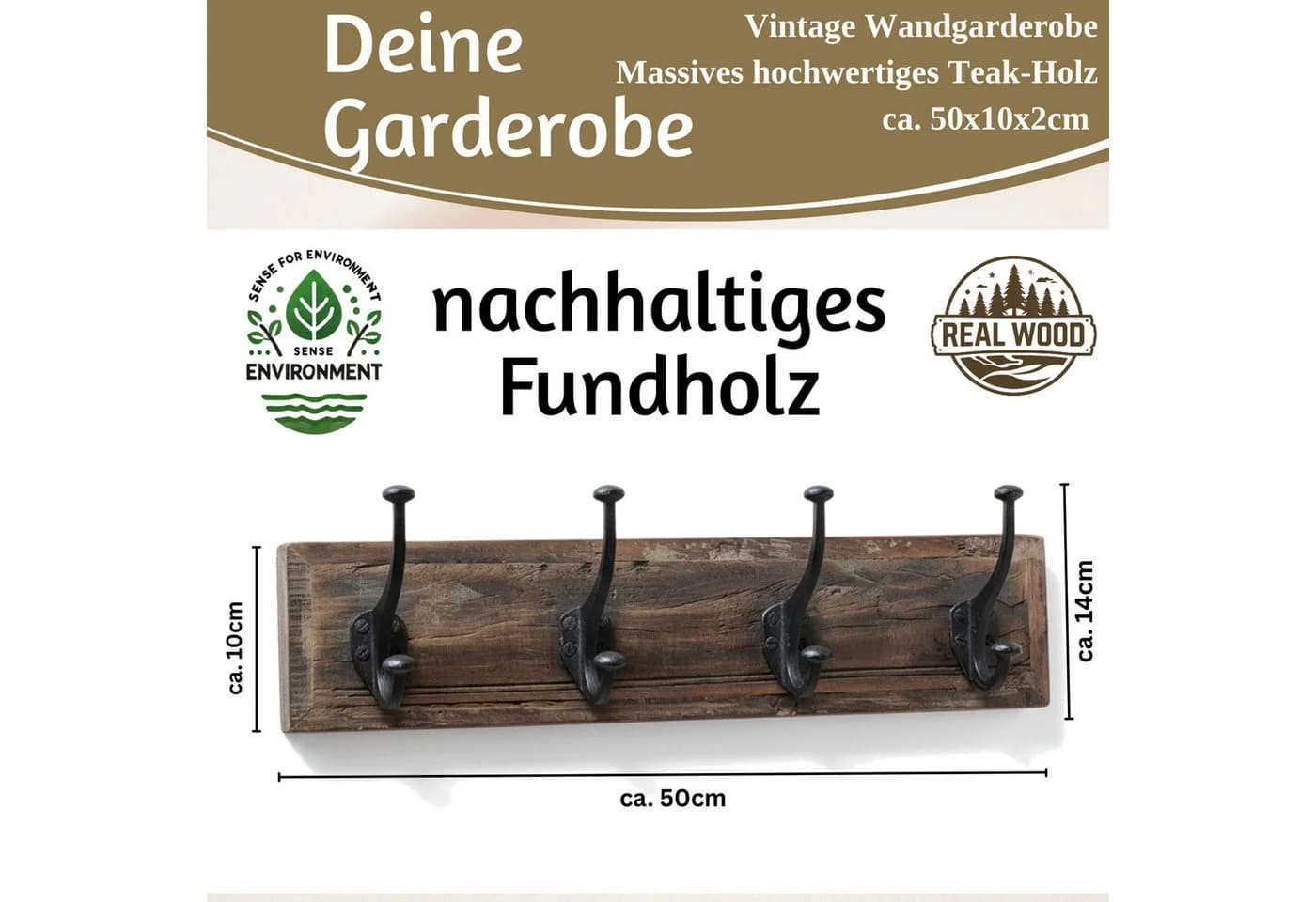 LS-LebenStil Wandgarderobe Vintage Teakholz Braun 4-fach Doppelhaken