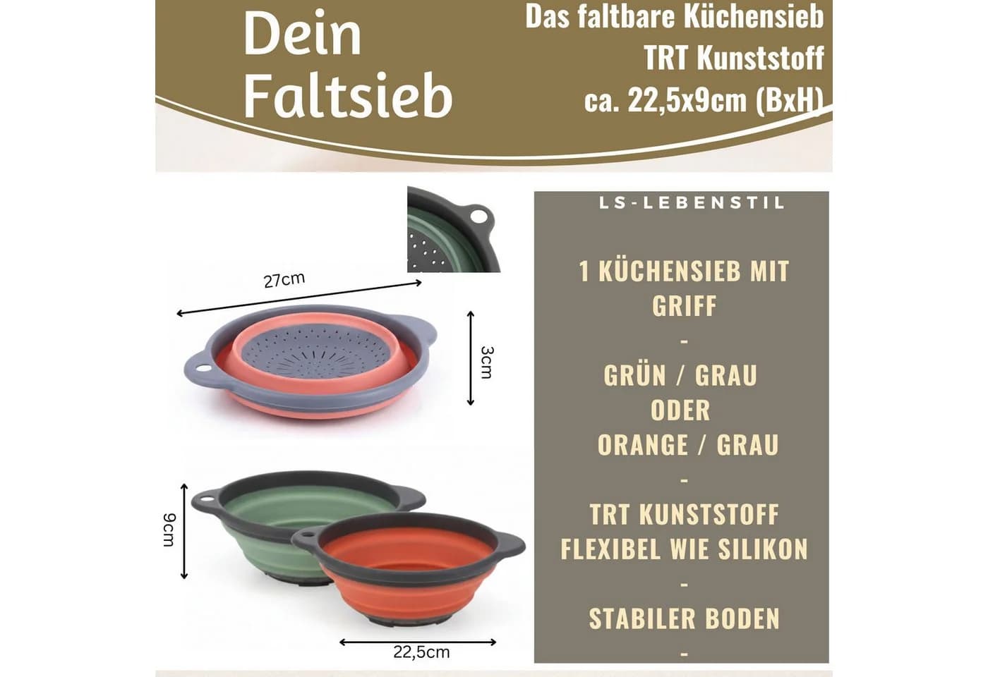 LS-LebenStil Faltbares Küchensieb Grau/Grün TPR Kunststoff