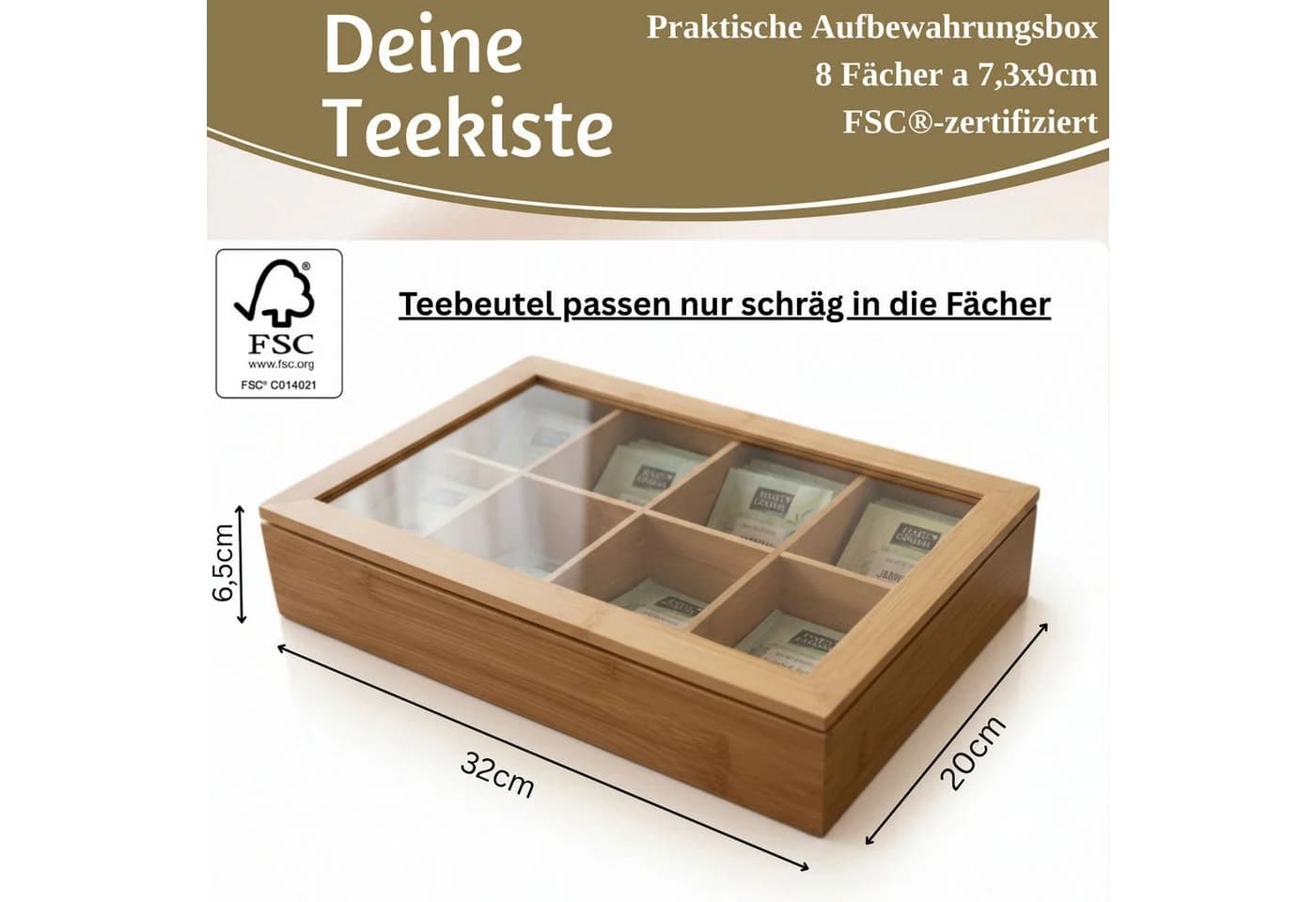 LS-LebenStil Bambus Teebox 8 Fächer mit Glasdeckel Braun