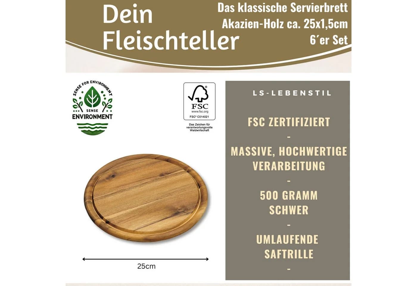 LS-LebenStil Servierbrett Set 6x Akazienholz Rund Braun