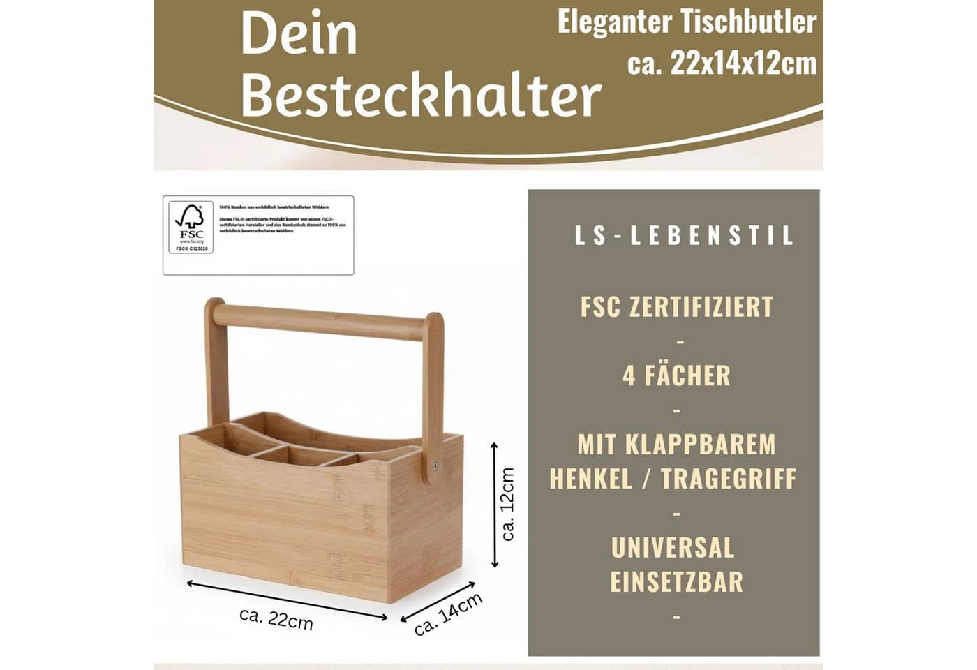 LS-LebenStil Besteckhalter Kampen 4-Fächer Holz Bambus Braun mit Griff