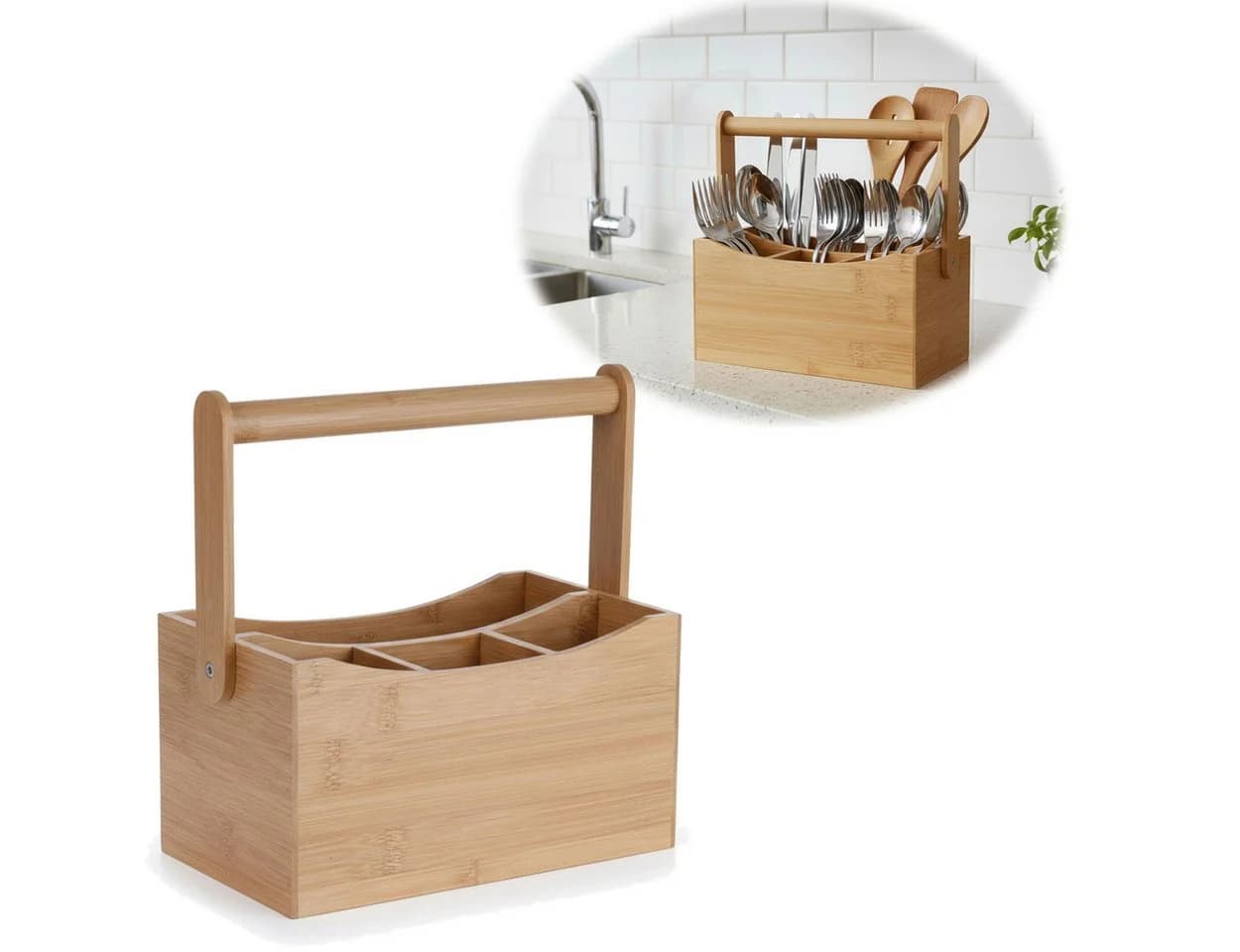 LS-LebenStil Besteckhalter Kampen 4-Fächer Holz Bambus Braun mit Griff - Bild 2