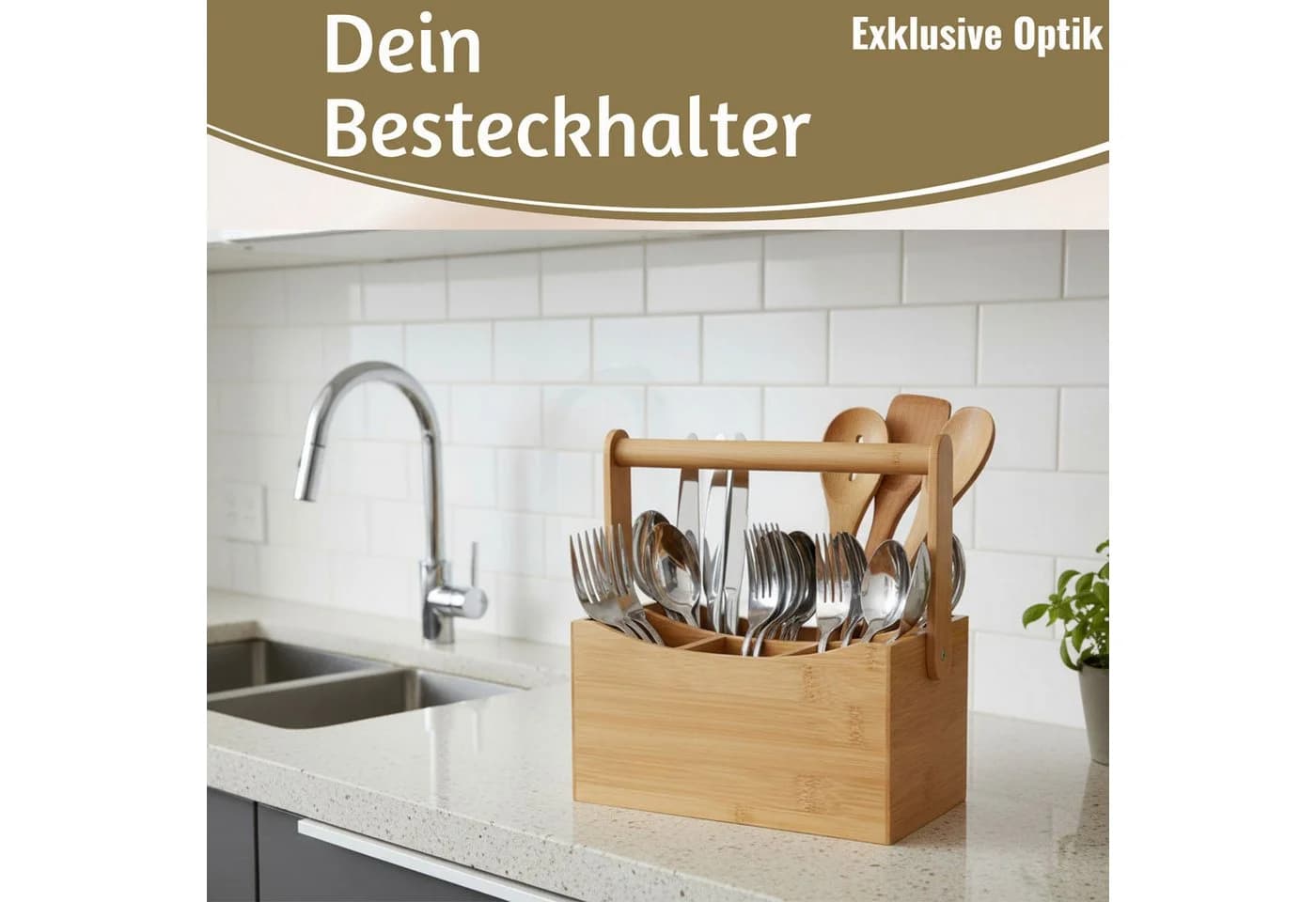 LS-LebenStil Besteckhalter Kampen 4-Fächer Holz Bambus Braun mit Griff - Bild 4