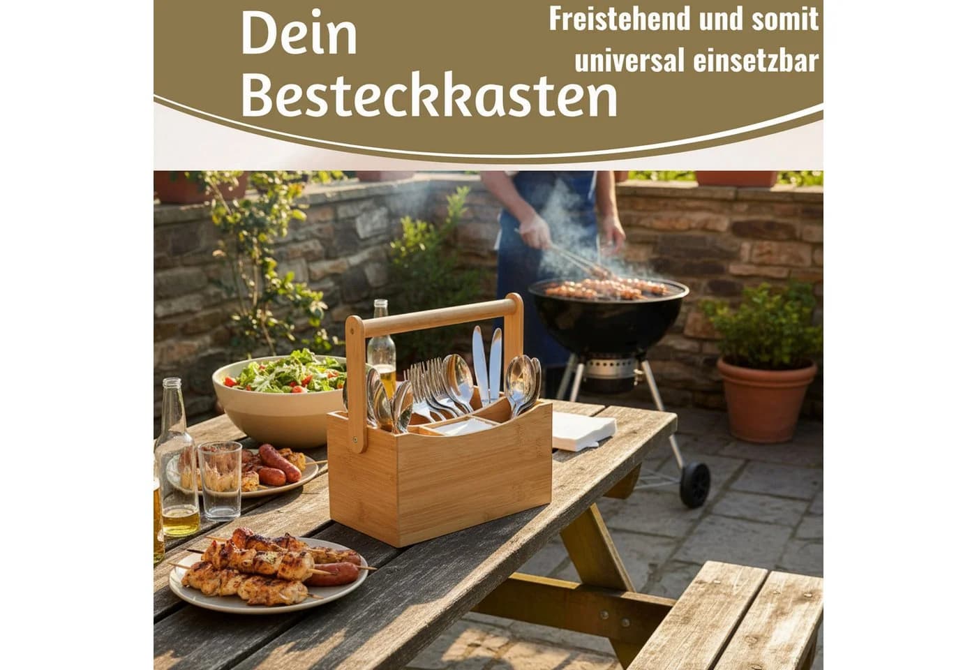 LS-LebenStil Besteckhalter Kampen 4-Fächer Holz Bambus Braun mit Griff - Bild 5