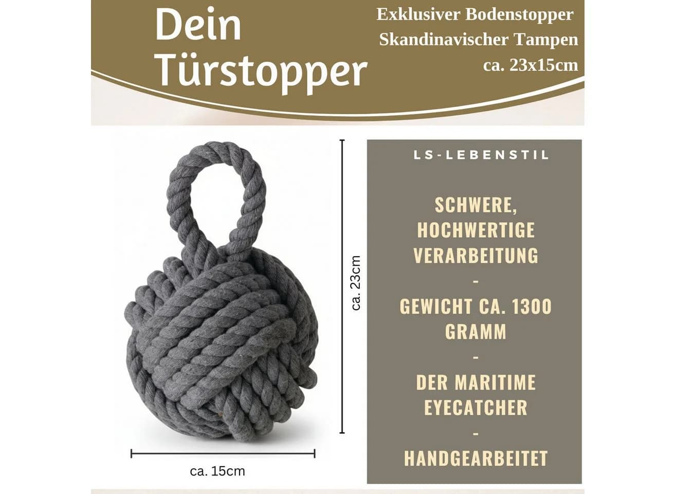 LS-LebenStil Bodentürstopper Malmö 23cm Grau Jute