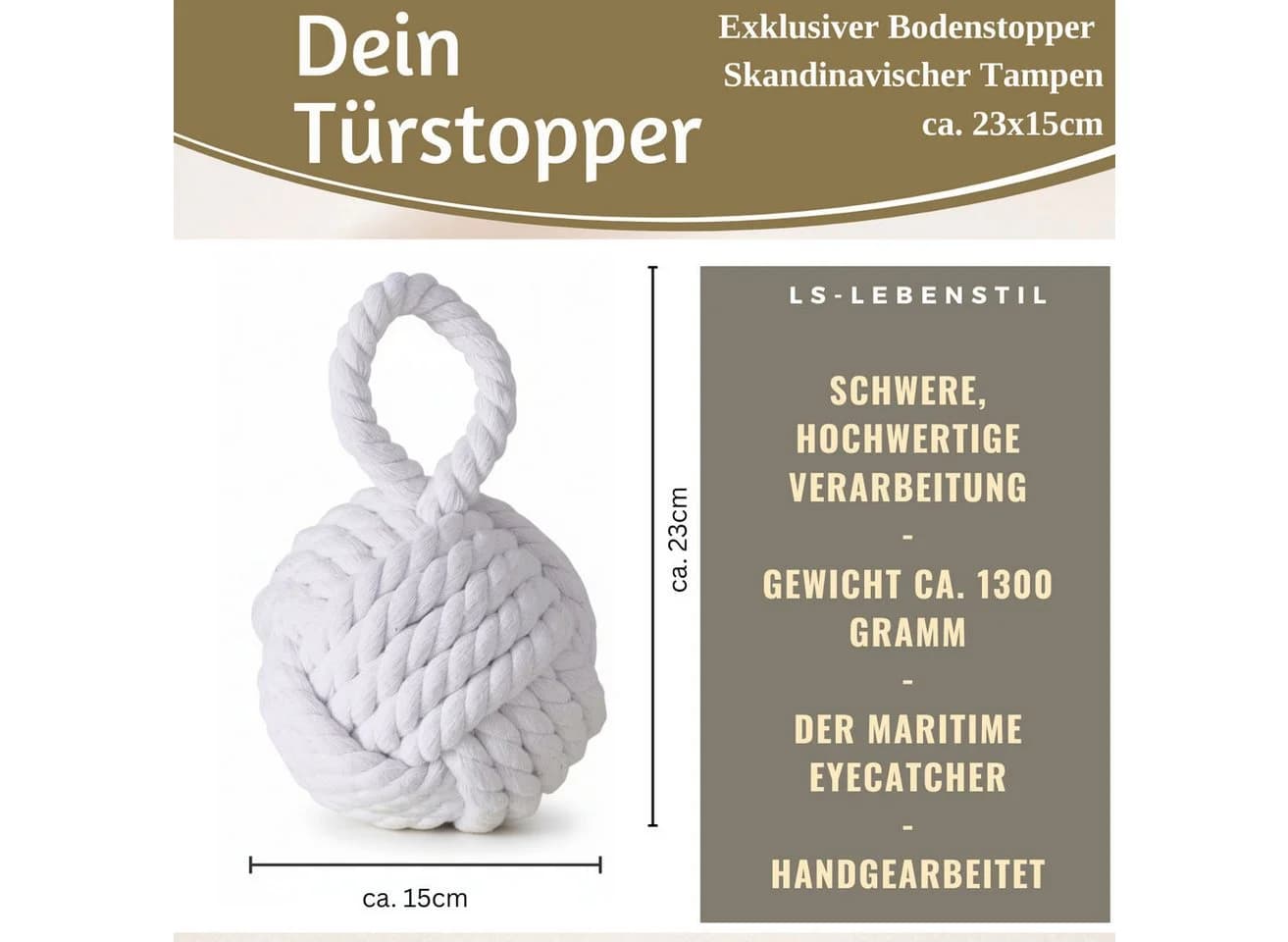 LS-LebenStil Bodentürstopper Malmö 23cm Weiß Jute Knoten