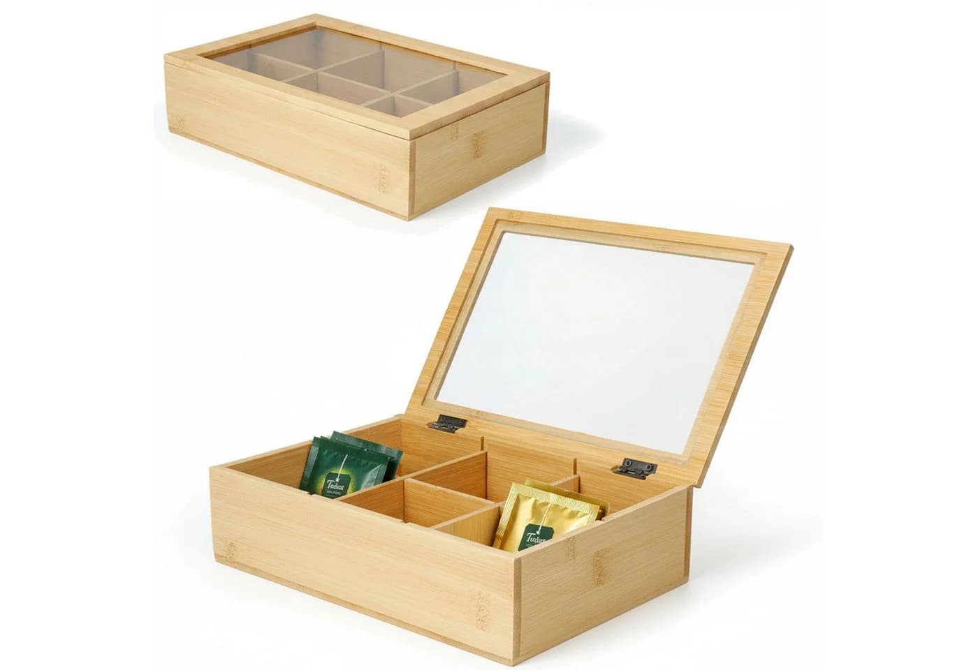 LS-LebenStil Bambus Teebox mit 6 Fächern & Glasdeckel Braun - Bild 2