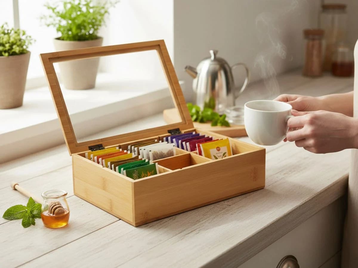 LS-LebenStil Bambus Teebox mit 6 Fächern & Glasdeckel Braun - Bild 3