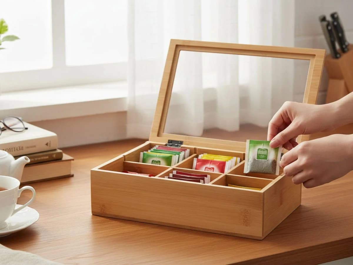 LS-LebenStil Bambus Teebox mit 6 Fächern & Glasdeckel Braun - Bild 4