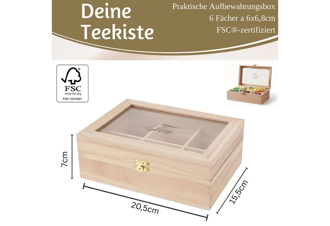 LS-LebenStil Teebox Holz mit Glasdeckel 6 Fächer Braun
