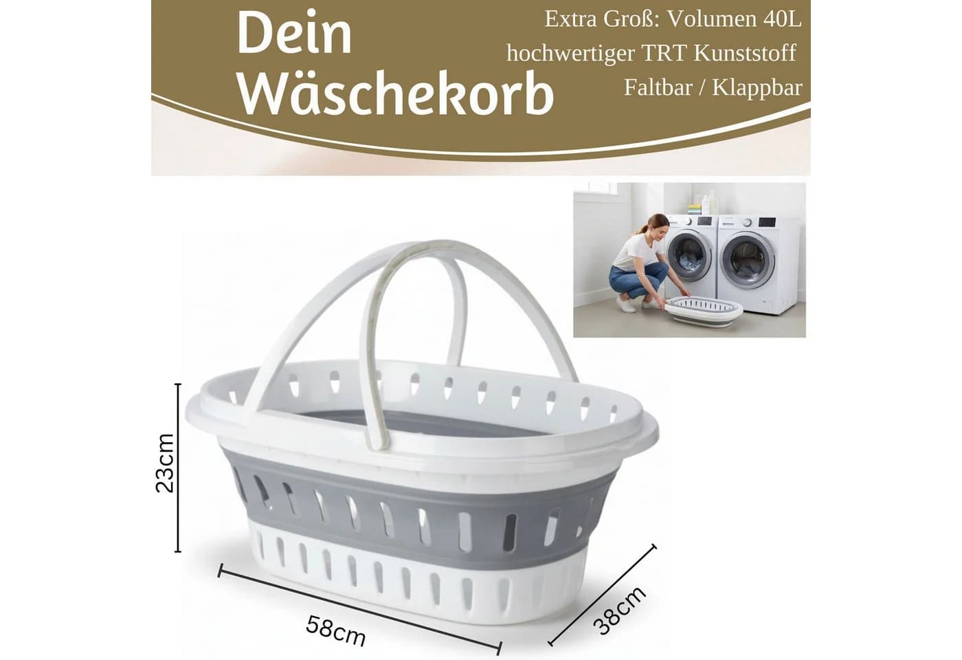LS-LebenStil Wäschekorb XL Faltbar 25L Weiß/Grau