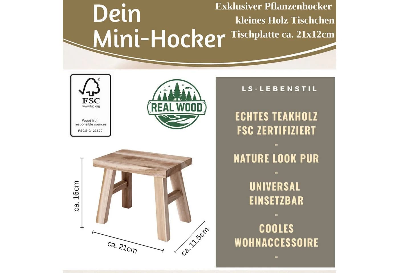 LS-LebenStil Blumenständer Pflanzenhocker Teakholz Braun